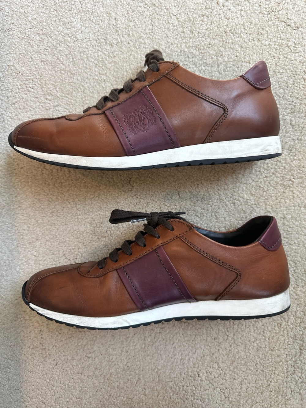 Bruno Magli Men's Brown Leather Sneakers with Burgundy Accents - Picture 3 of 9